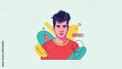Close up portrait of a young man with dark spiky hair and a red shirt set against a vibrant abstract background of colorful shapes and lines.