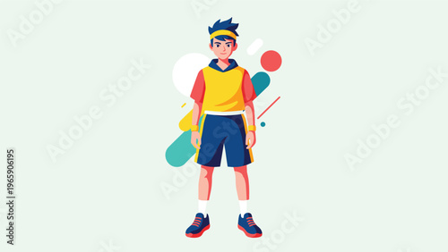 Full body illustration of a young man in a yellow and blue sports outfit with a headband standing against an abstract graphic background.
