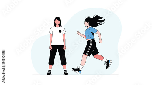 Two young women in athletic gear with one standing still in a white t-shirt and the other running in a blue top and black shorts.