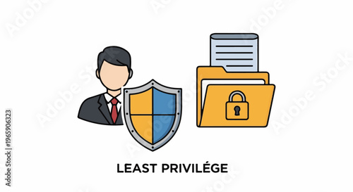 Businessman, shield, and locked folder symbolizing digital security and access control