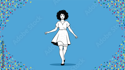 Curly-haired woman in a white dress walks joyfully on a blue background framed by colorful confetti in the corners.
