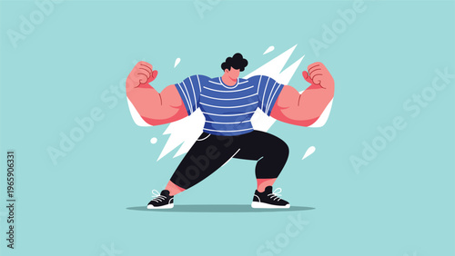 Muscular man with massive biceps in a blue striped shirt poses confidently while flexing his arms on a teal background.