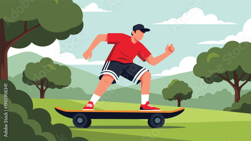 Young man in a red t-shirt and black shorts rides a longboard through a sunny park featuring lush green trees and rolling hills.
