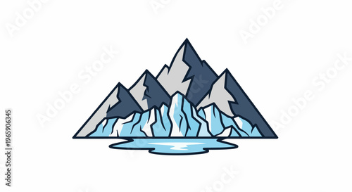 Stylized mountain peaks above icy formations and a water body