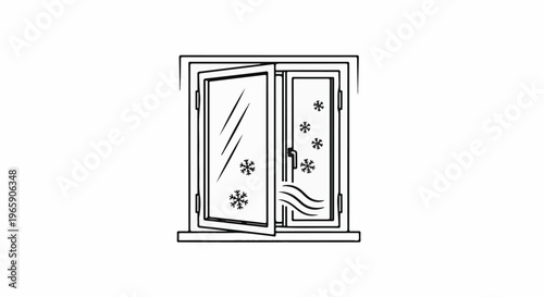Open window with snowflakes and swirling air inside