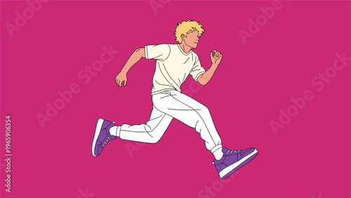 Young man with blond curly hair runs energetically in a white outfit and purple sneakers against a vibrant pink background.