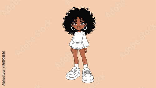 Stylish young woman with a large black afro and gold hoop earrings poses confidently in a white outfit and oversized sneakers.