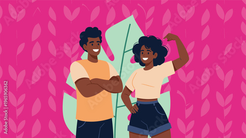 Happy African American couple stands together with the woman flexing her arm against a pink patterned background with a leaf.