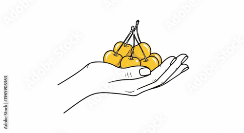 Line art of a hand holding a bunch of yellow cherries