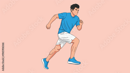 Young man in a blue t-shirt and white shorts runs with focused determination and speed against a soft light pink background.