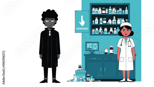 Gloomy man in a dark coat stands next to a female nurse in a clinical pharmacy setting filled with many shelves of medicine.