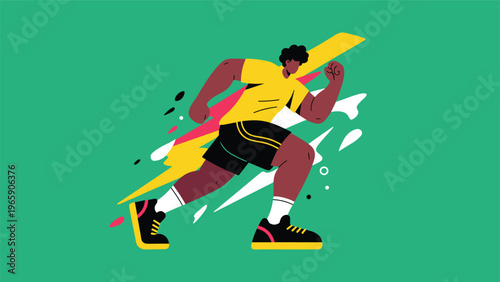 Athletic runner with a yellow shirt and black shorts sprints fast with a lightning bolt graphic behind him on green.