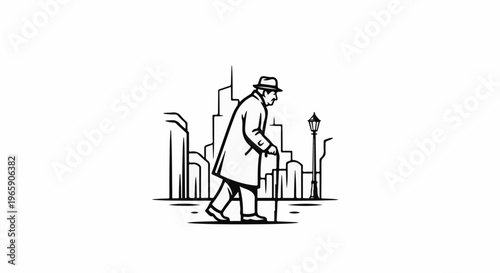 Old man with cane walking on a city street with lamppost