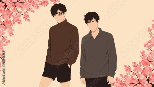 Two stylish young men in turtleneck and collared shirts stand confidently surrounded by pink cherry blossom flowers.