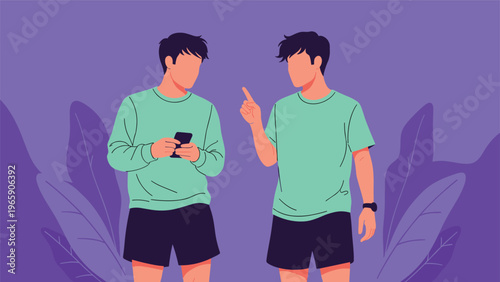 Two young men in green shirts and dark shorts stand against a purple background, one using a phone and one pointing.