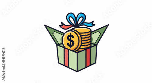 Gift box opens to reveal money coins and banknotes, tied with a bow