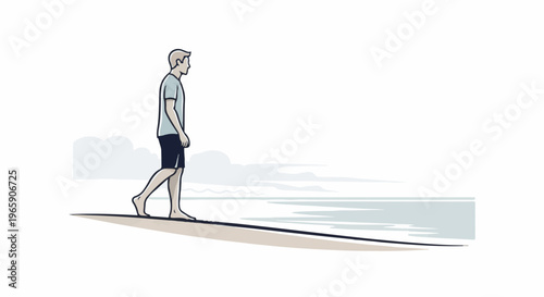 Man walks on beach near calm sea and distant misty land
