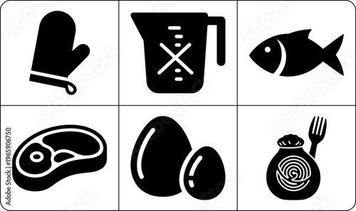 Six black cooking preparation silhouettes with oven mitt mixing jug utensils fish steak egg and food bag on white background