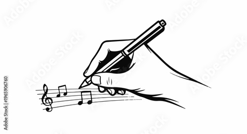 Hand composing musical notes with a pen on staff lines