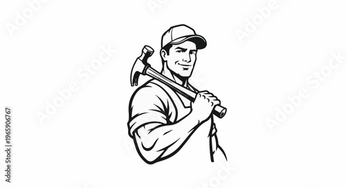 Man in cap and overalls carries hammer on shoulder, smiling