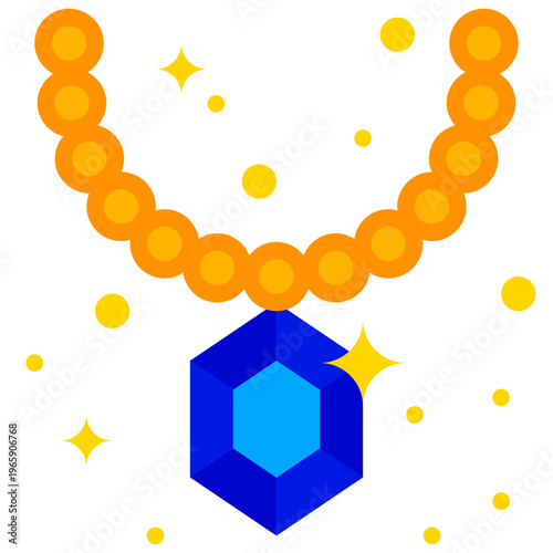 Showcases a stylized necklace with a gem pendant surrounded by sparkles.