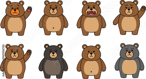 Cute Bear Cartoon Characters Set with Different Expressions and Poses, Adorable Animal Collection for Kids Illustration, Mascot Design and Sticker Projects