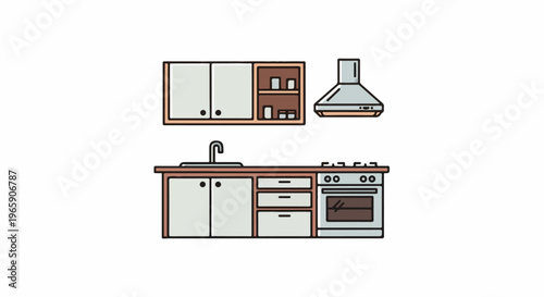 Minimalist kitchen counter with sink, stove, cabinets, and hood