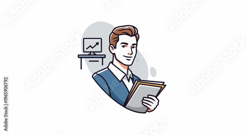 Man in blue suit holding papers and looking at graph on computer