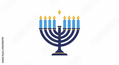 Menorah with nine lit candles on a white background
