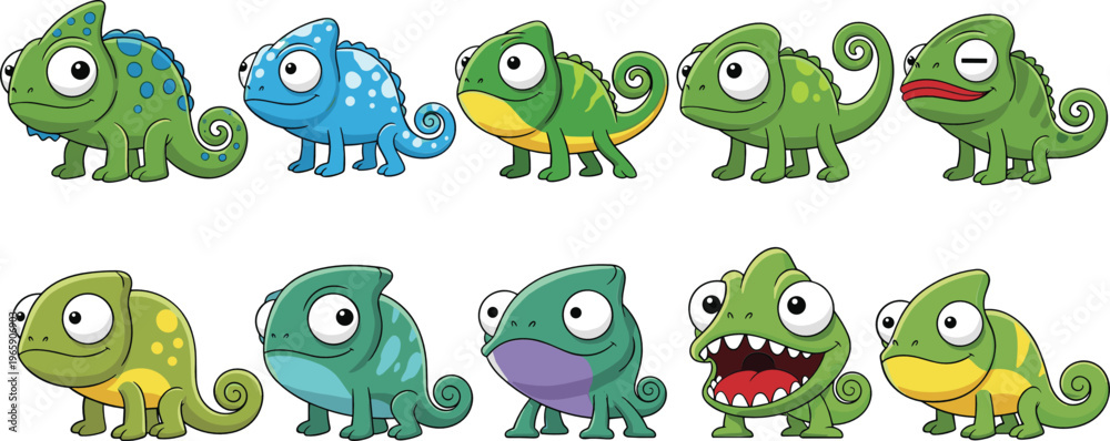 Naklejka premium Cute Chameleon Cartoon Character Set with Different Colors and Expressions, Adorable Reptile Collection for Kids Illustration, Mascot Design and Sticker Projects