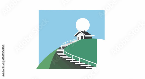 House on a hill with a winding staircase leading to it under a large sun