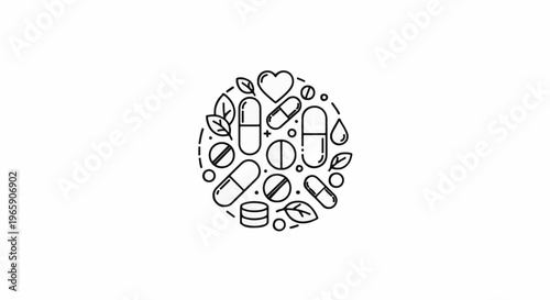 Collection of pills, capsules, heart, and leaves in a circular pattern