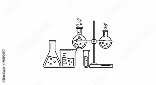 Scientific laboratory glassware with bubbling liquids and a stand