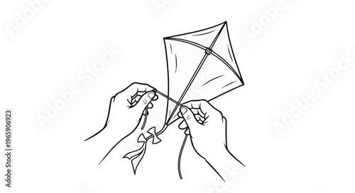 Hands holding kite string and bow, preparing for flight