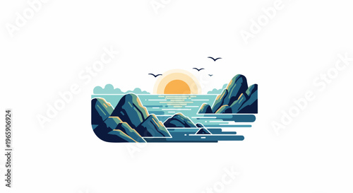 Stylized coastal scene with sun setting over water and rocky outcrops