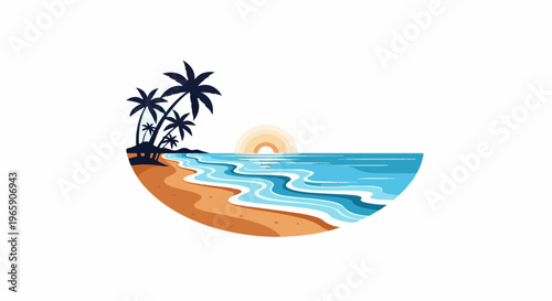 Stylized beach scene with palm trees, ocean waves, and sunset
