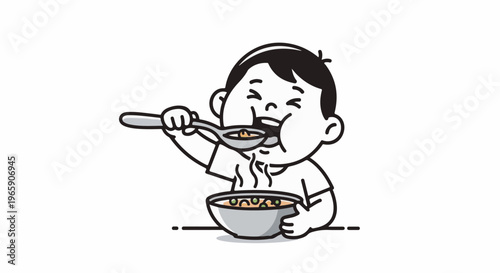 Joyful child eating hot soup from a bowl with a spoon