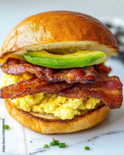 Close up of delicious bacon avocado breakfast sandwich