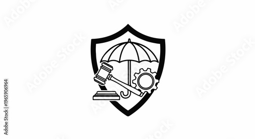 Outline of shield with judge's gavel, umbrella, and gear
