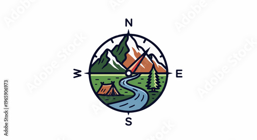 Compass displaying a scenic mountain landscape with a tent and river