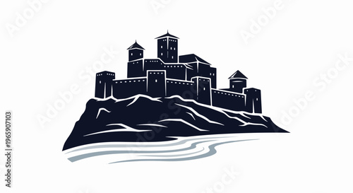 Dark silhouette of a medieval castle on a hill with water below