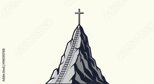 Stone mountain peak with ladder leading to a cross at its summit