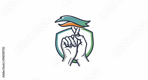 Shield with hands making a gesture and a ribbon above