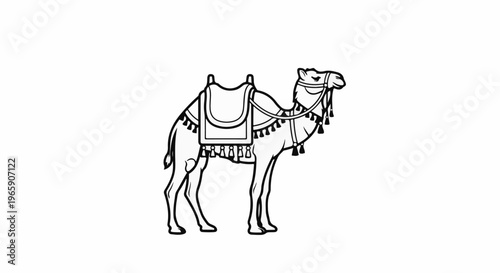 Line art of a camel with decorative saddle and tassels on a white background