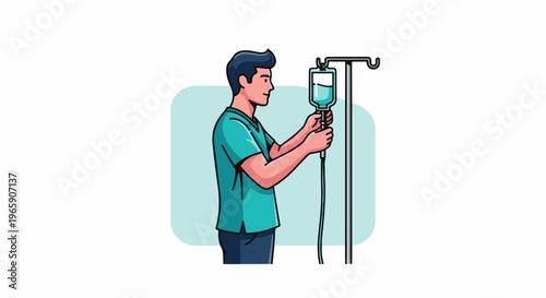 Male healthcare professional adjusting an IV drip bag, medical procedure