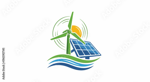 Renewable energy symbol with wind turbine, solar panel, sun and water