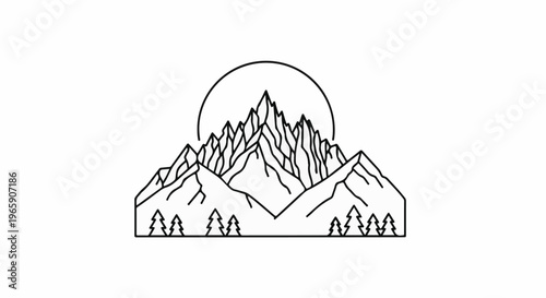 Minimalist line art of jagged mountains with a sun and trees
