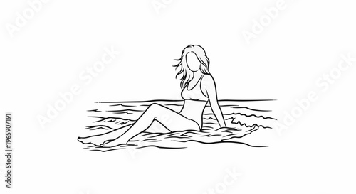Minimalist line drawing of a woman in a bikini sitting by the water
