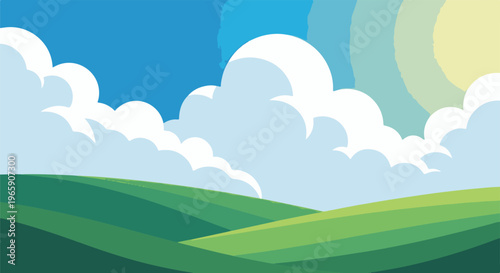 Rolling green hills beneath a bright, sunlit sky with fluffy white clouds