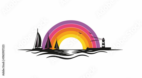 Sailboats race toward a lighthouse under a vibrant, colorful arc